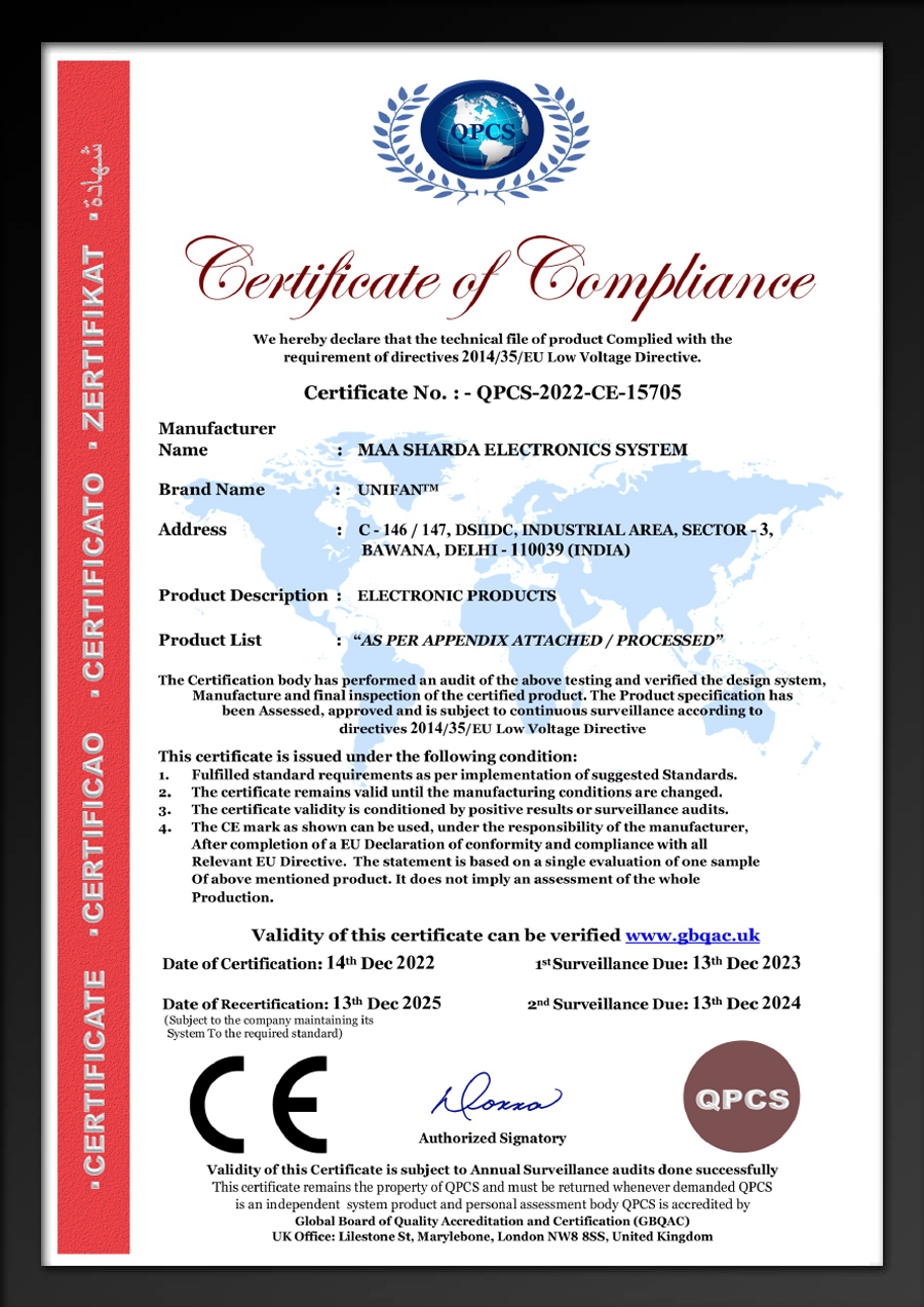 Certificate of Compliance UNIFAN